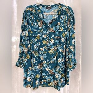 Dark teal floral blouse 3X